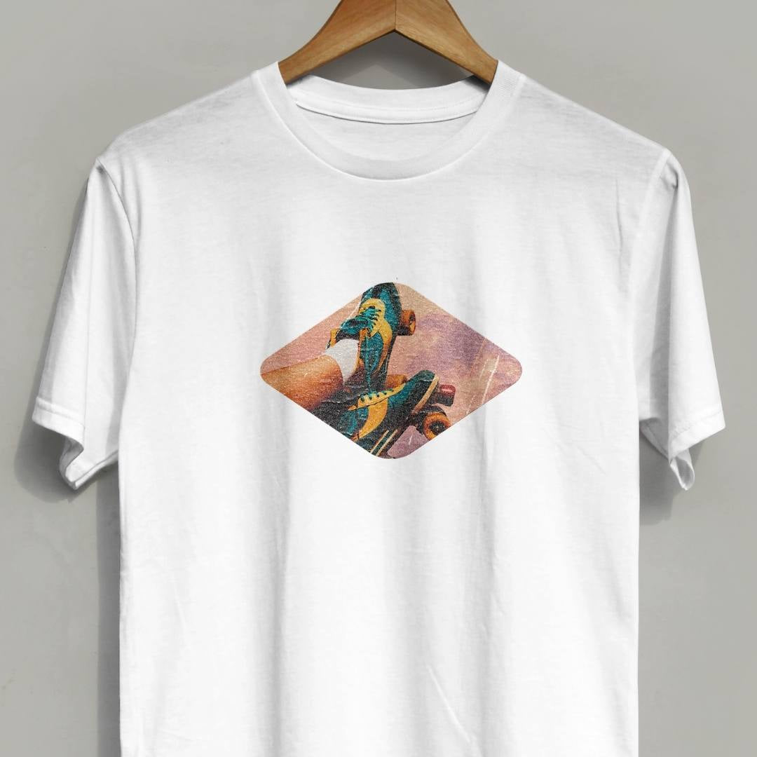 A white unisex t-shirt with an arty graphic design.