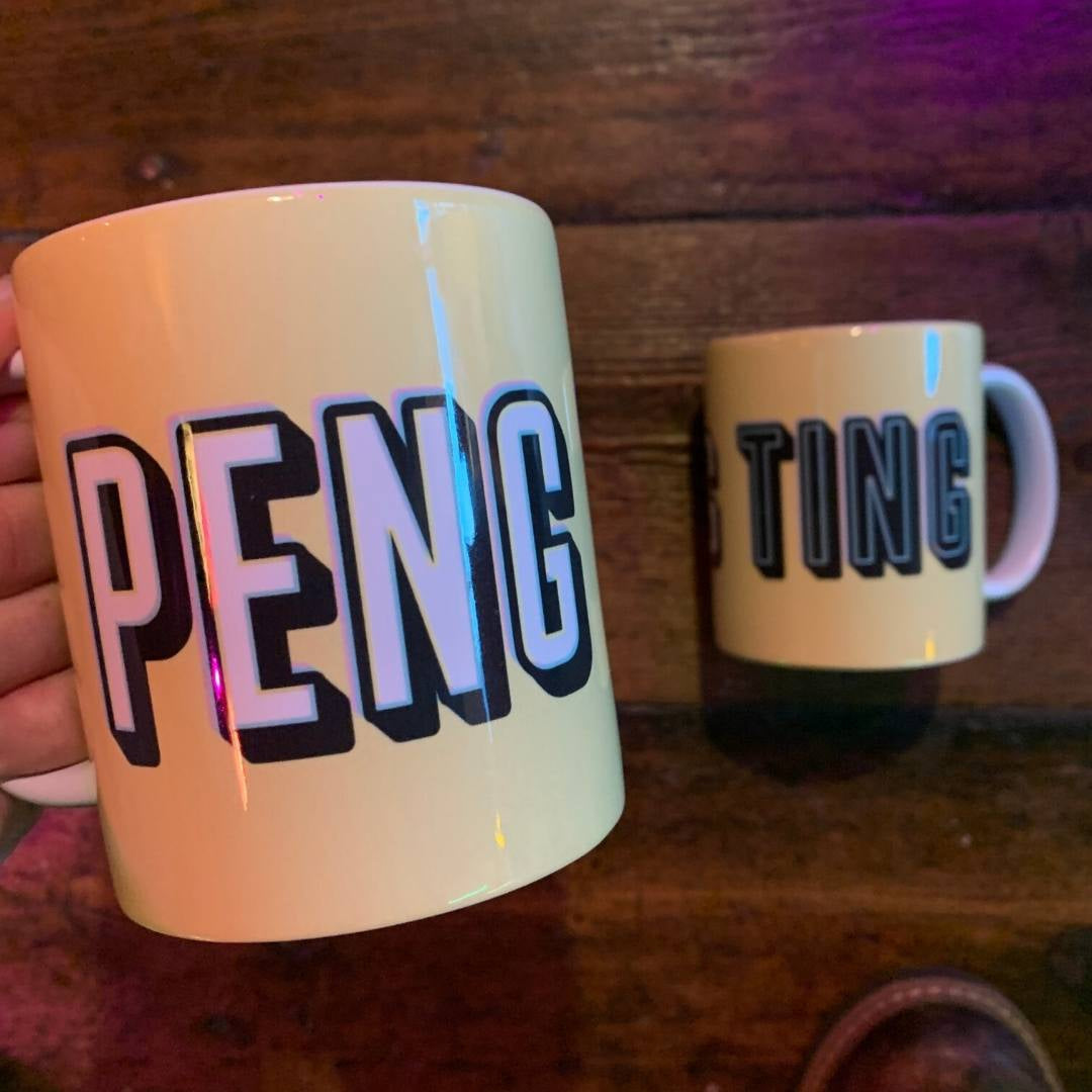 A bright yellow coffee mug with the words "Peng Ting" on it.