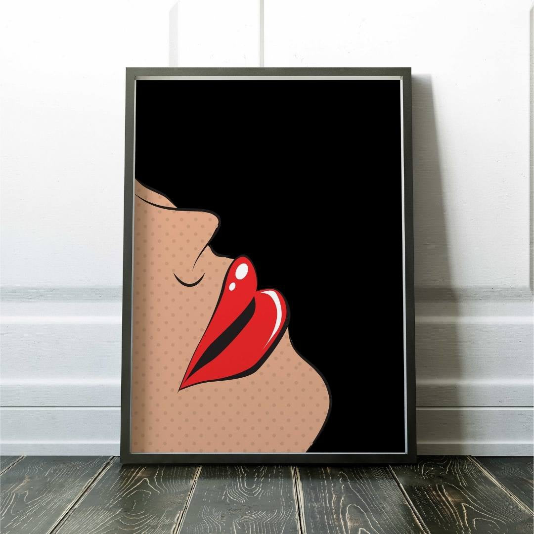 A comic book style pop art poster of a face and cherry red lips
