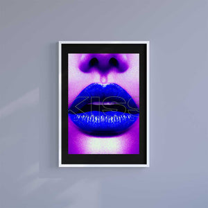 Medium (A3) 11.75" x 16.5" inc Mount-Black-Blue Lips Please Kiss - Wall Art Print-Famous Rebel