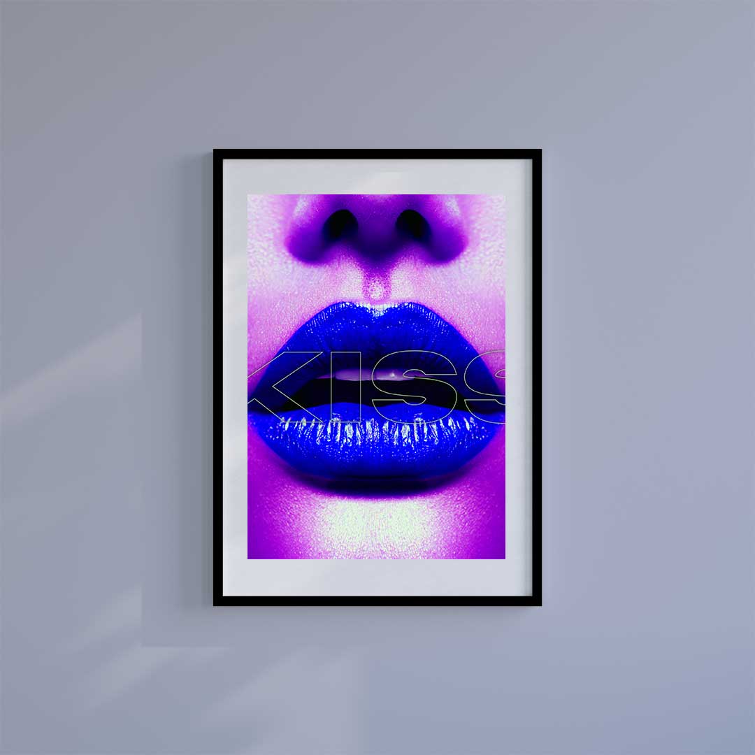 Medium (A3) 11.75" x 16.5" inc Mount-White-Blue Lips Please Kiss - Wall Art Print-Famous Rebel