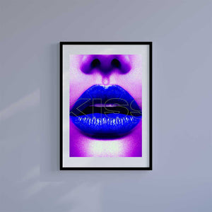 Medium (A3) 11.75" x 16.5" inc Mount-White-Blue Lips Please Kiss - Wall Art Print-Famous Rebel