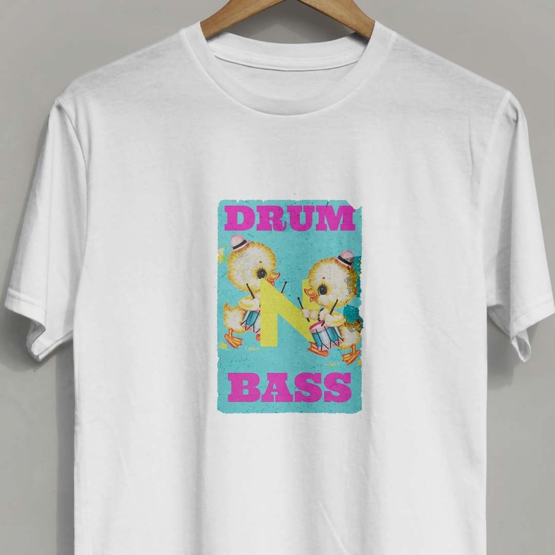 Unisex, white cotton t-shirt with cute baby chick graphic and the slogan "Drum N Bass"