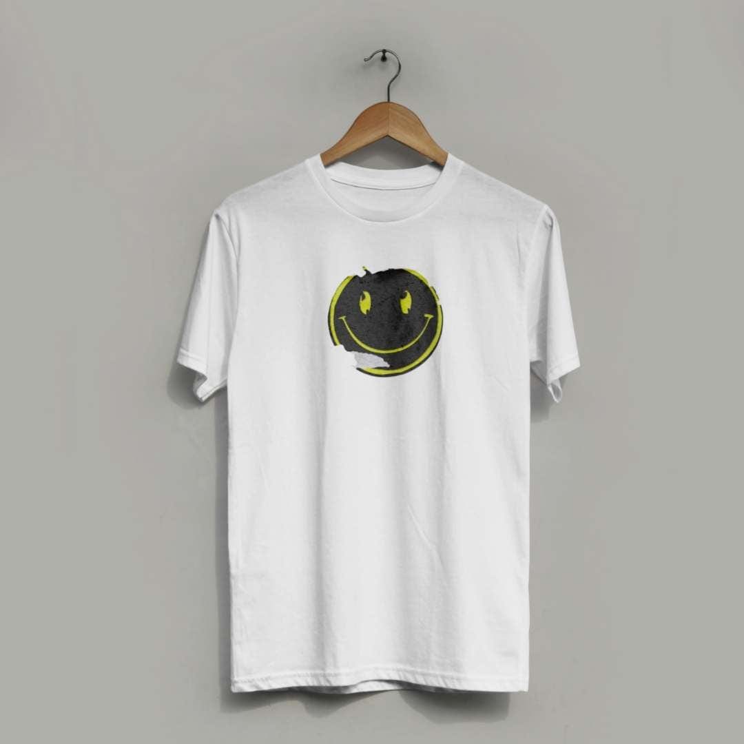 White, short-sleeved Acid House Smiley Face T Shirt by Famous Rebel