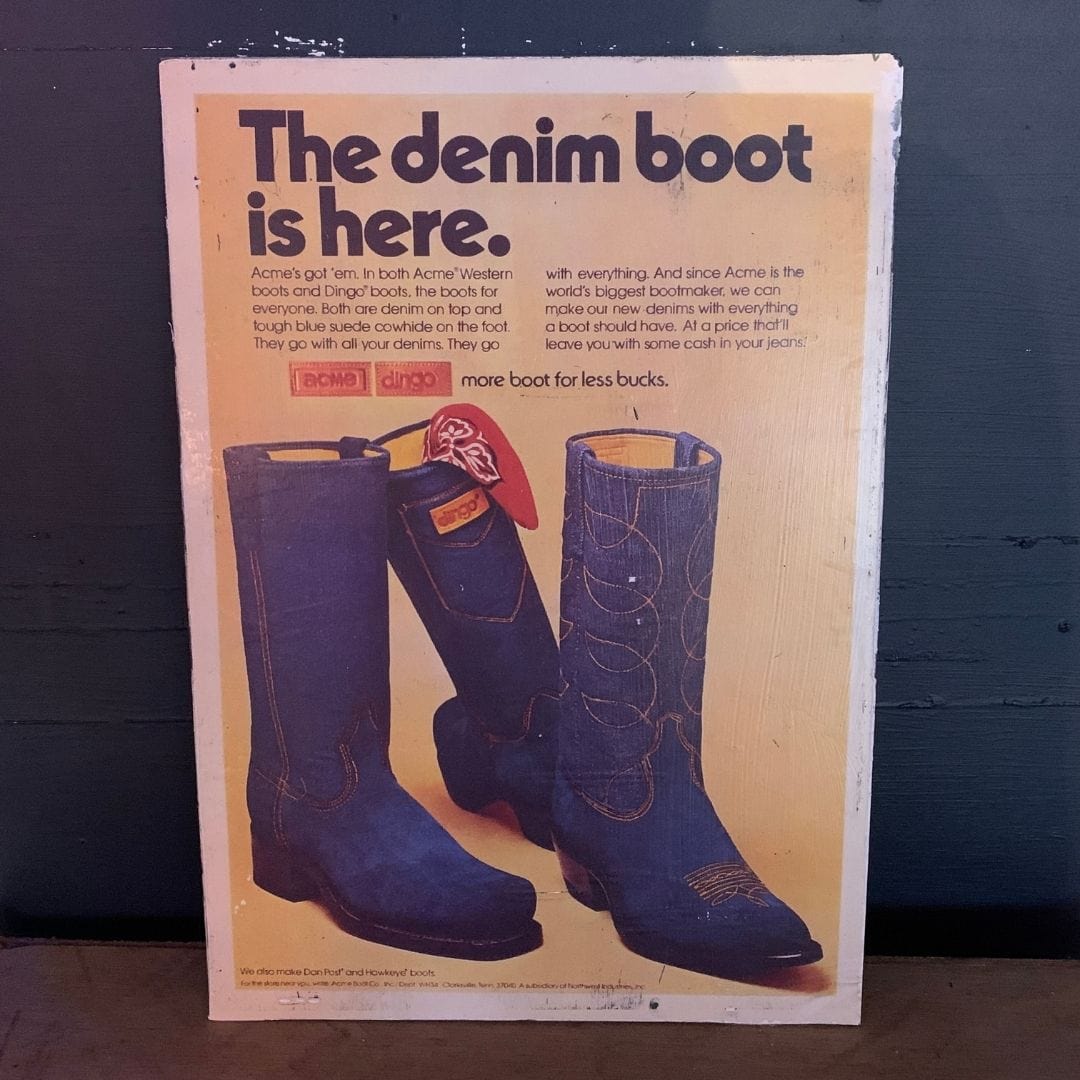 Vintage Ads- The Denim Boot - Wooden Poster-Famous Rebel